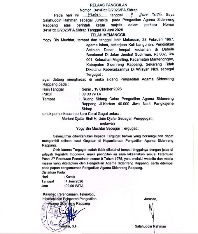 Relaas Panggilan Perkara Nomor 341 G 2026